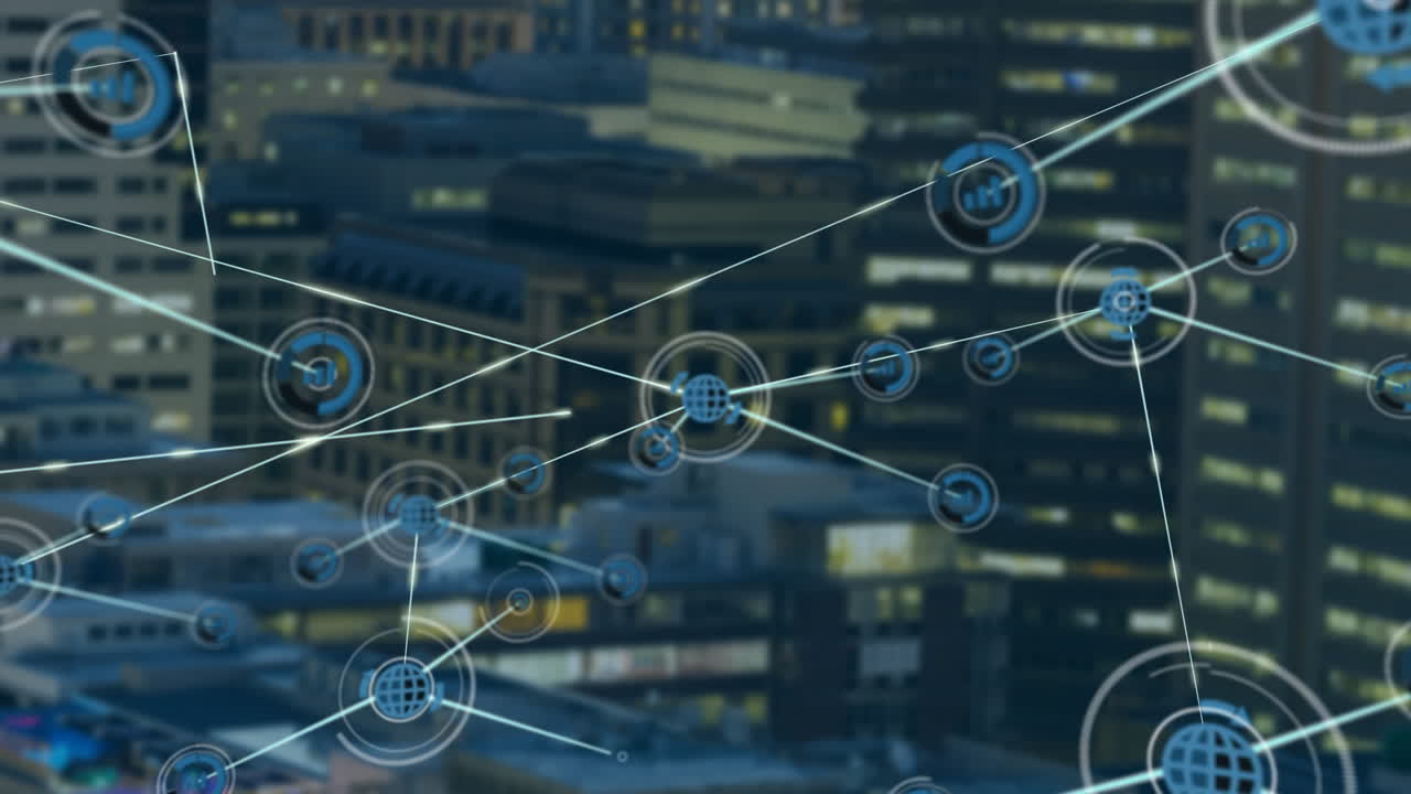 Network of connections and data processing animation over cityscape background