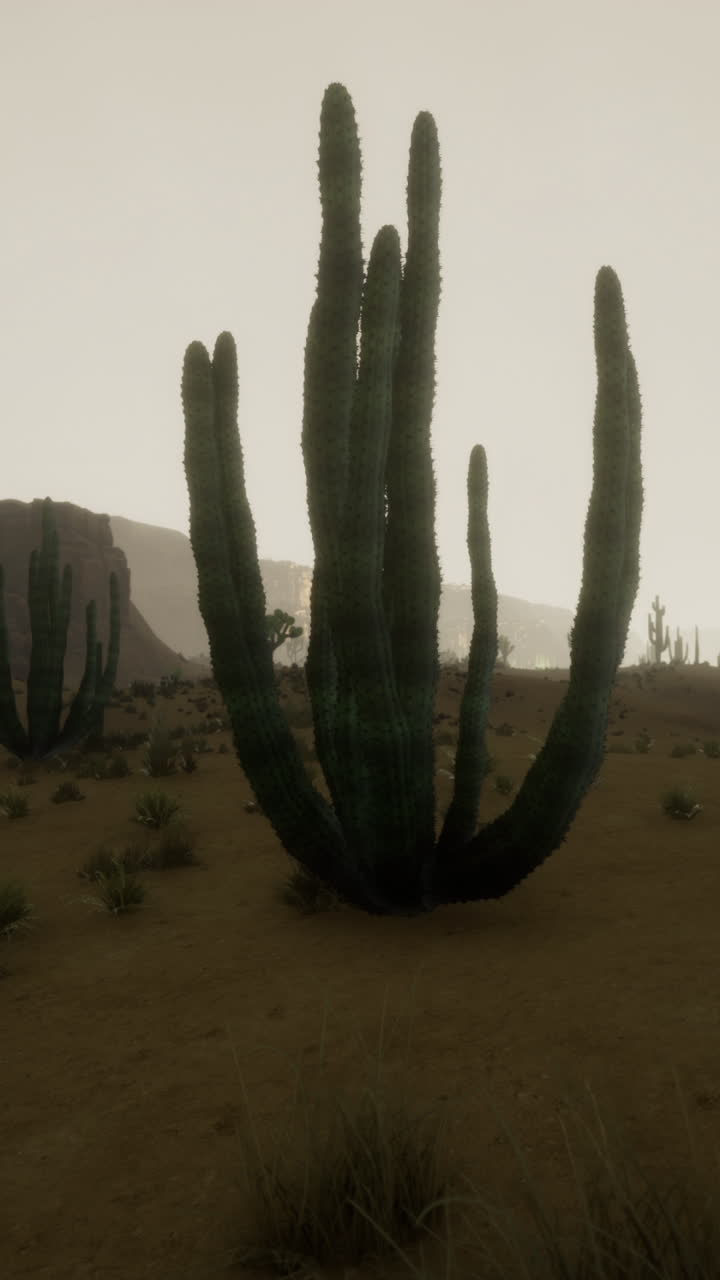 Scena vivida di una silhouette di cactus resistente al tramonto su dune sabbiose ondulate