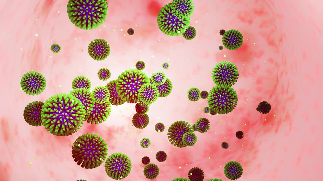 3d model of green coronovirus on the mucous membrane. 4k looped smooth animation virus floats in liquid. Scientific microbiological background, 3d render of virus. Blue green colors