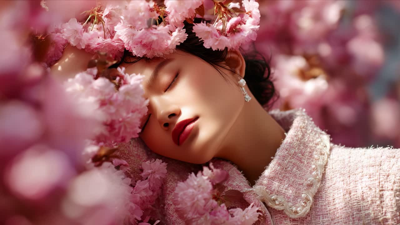 A Serene Moment Captured Among Cherry Blossoms: A Young Woman in a Pink Floral Setting with Soft Lighting, Exuding Elegance and Tranquility Surrounded by Nature's Beauty