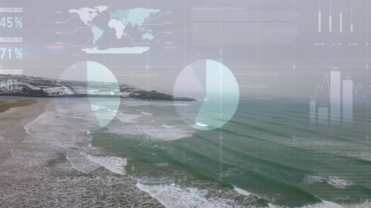 해상 풍경에 대한 금융 그래프와 데이터의 애니메이션