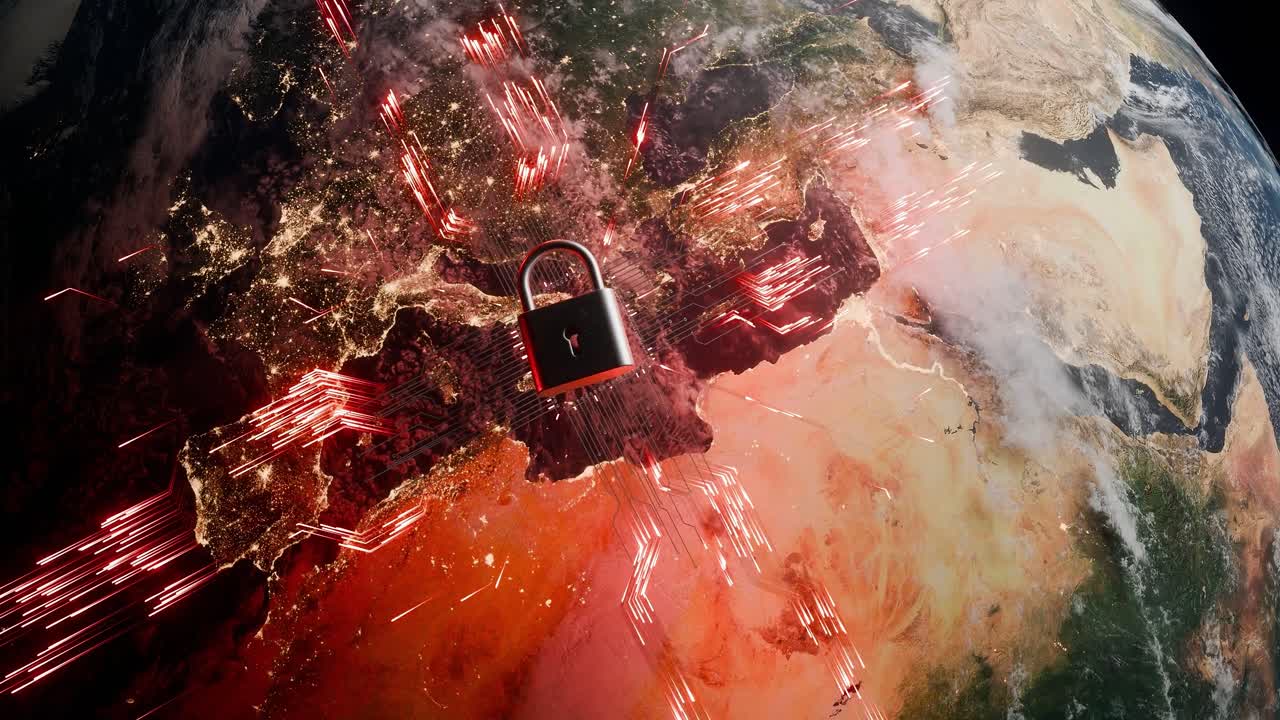 Europe view from space with cyber lock and red digital connections. Cybersecurity and data protection concept. Global network security visualization for poster and wallpaper