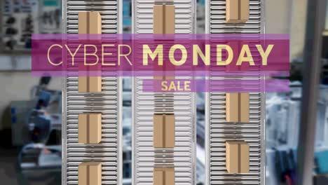 cyber monday sale text banner over multiple delivery boxes on conveyer belt against factory