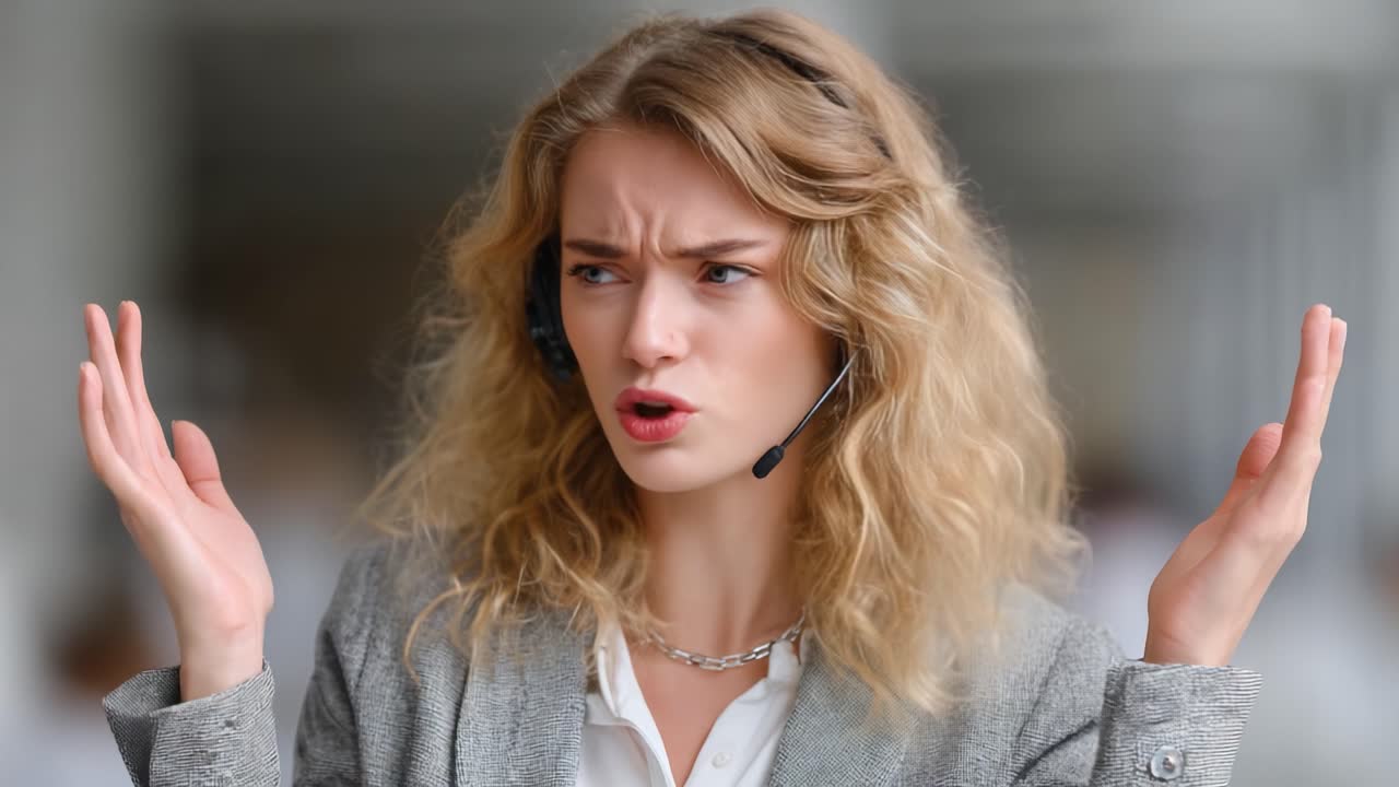 A frustrated woman communicates her concerns using a headset in an office setting, highlighting stress and urgency during a challenging interaction