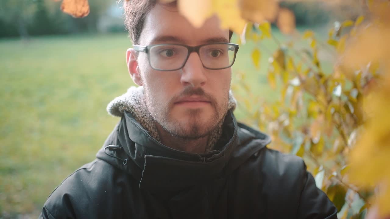 Slow motion capture of young European male examining autumn leaves on trees, realizing winter's chill is near