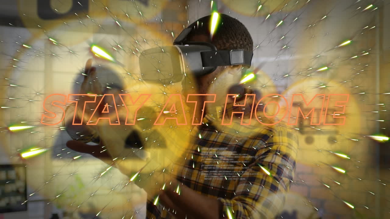 집에 머물기 애니메이션 문자 및 데이터 처리 vr 헤드을 가진 아프리카계 미국인