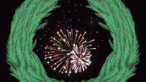 Animation-of-mistletoe-over-fireworks-on-black-background