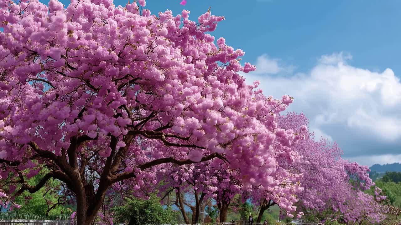 Pink blossoms blanket a grand tree. Sunlight glows through vibrant petals. Blue sky with soft clouds adds charm. Nature's beauty evokes calm and wonder. Perfect for spring, wedding, or travel themes