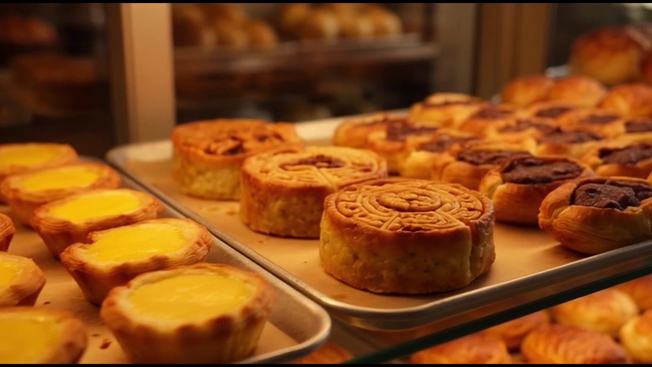 ベーカリーのショーケースに並べられた焼きたての様々なペストリー