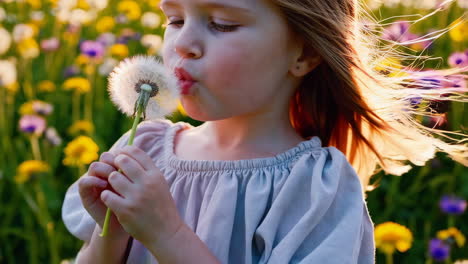 young girl blowing a dandelion in a sunny field