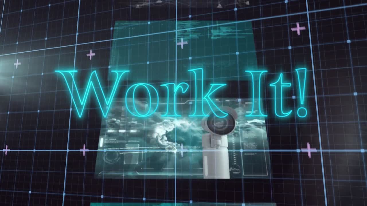 작업의 애니메이션: 파란 네온 텍스트와 보안 카메라와 스크린에 있는 데이터에 대한 디지털 그리드