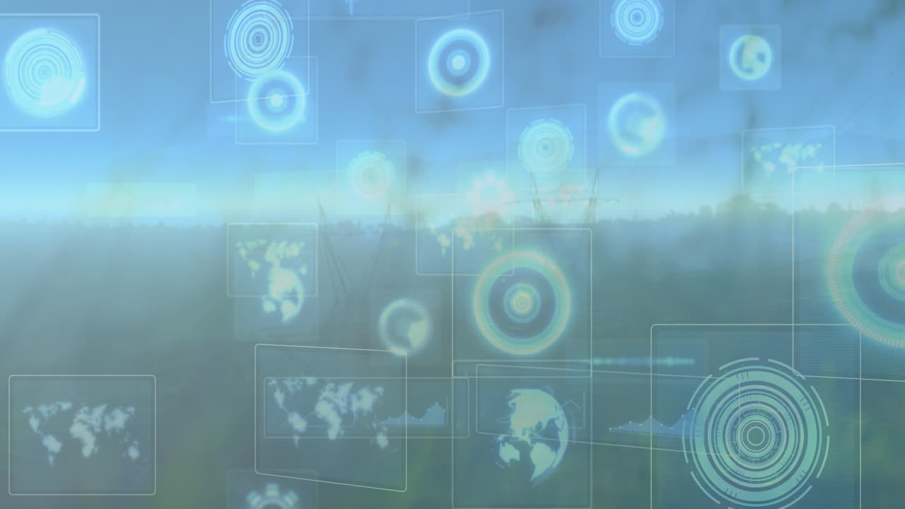 Animation of scopes scanning and data processing on screens over meadow and blue sky