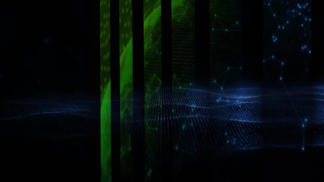 Animation of moving shapes and globe on black background