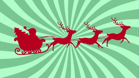 animated red santa silhouette with reindeer and spinning green stripes celebrates christmas.