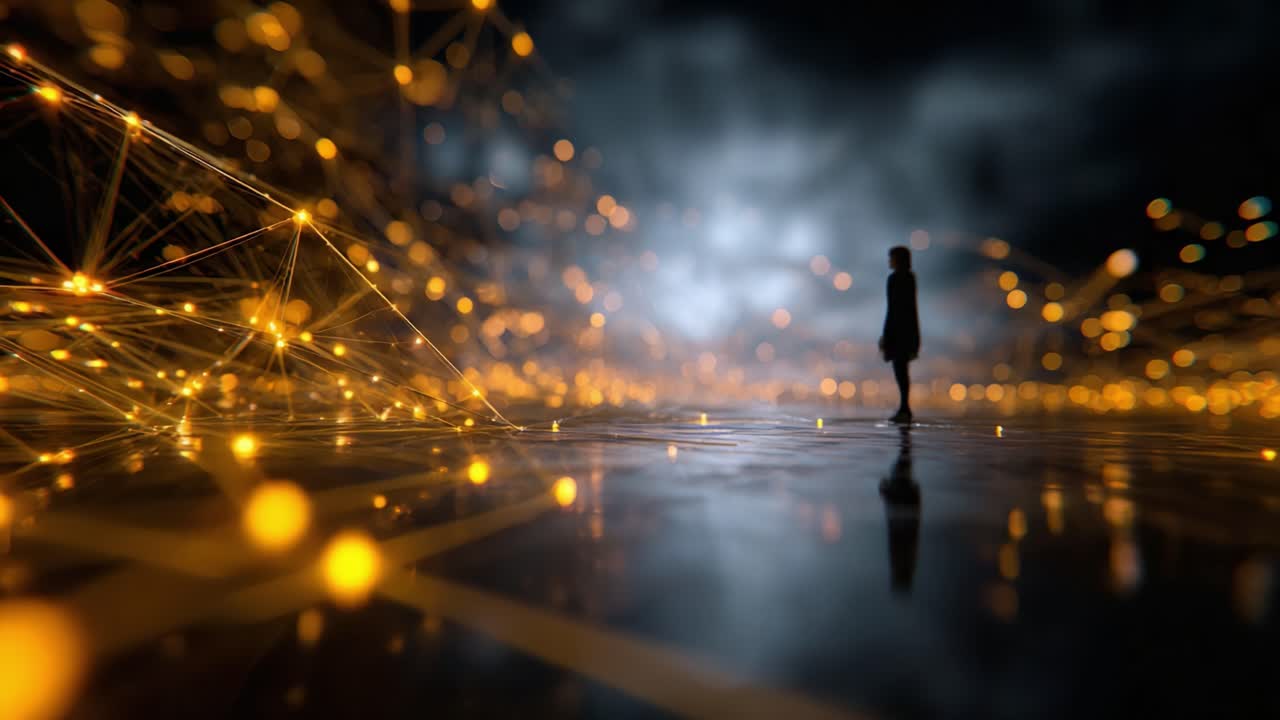 A solitary figure stands amidst a vibrant, glowing network of lights, creating a captivating juxtaposition of isolation and connectivity in a digital landscape