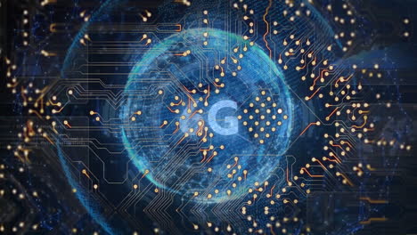 animation of 6g text over computer circuit board