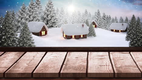 animación de nieve cayendo sobre las casas en el paisaje de invierno visto a través de la ventana