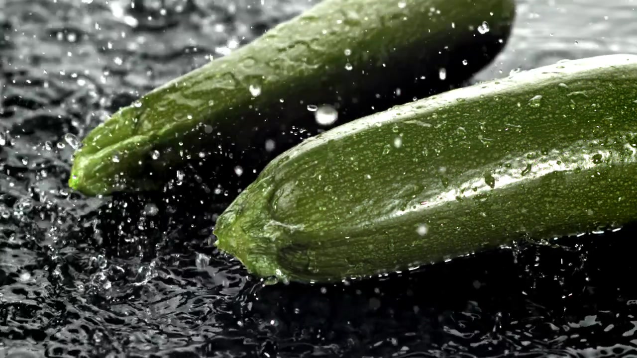 Primo piano di zucchine fresche con goccioline d'acqua che schizzano.
