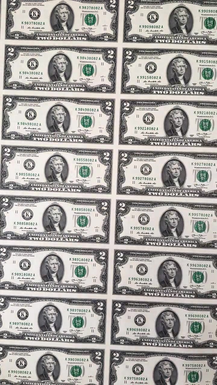 Fondo de hoja sin cortar de billetes de dos dólares. Textura de moneda estadounidense. Vista de cerca de una hoja sin cortar de billetes de dos dólares de los Estados Unidos.