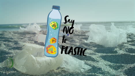 Animation of say no to plastic text and bottle with fish over rubbish on beach