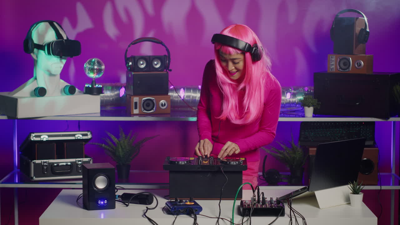 DJ with pink hair mixing music in a studio