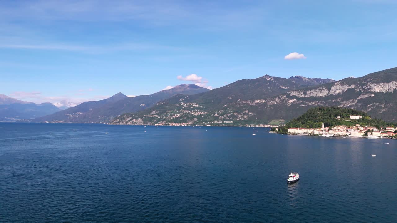 Fly over Lake Como, view of boats, Bellagio, mountains and more