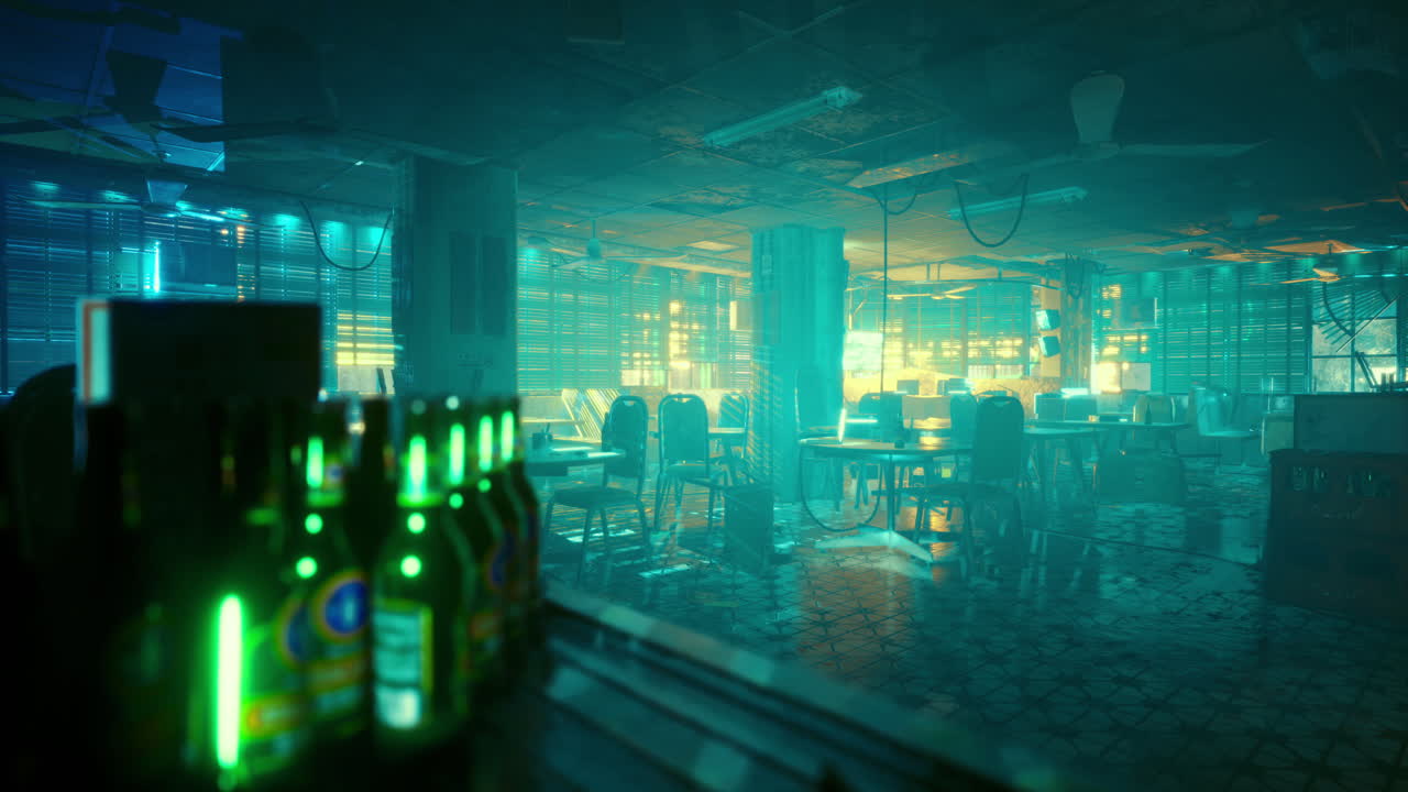 Urban environment illuminated by neon lights at night with empty chairs