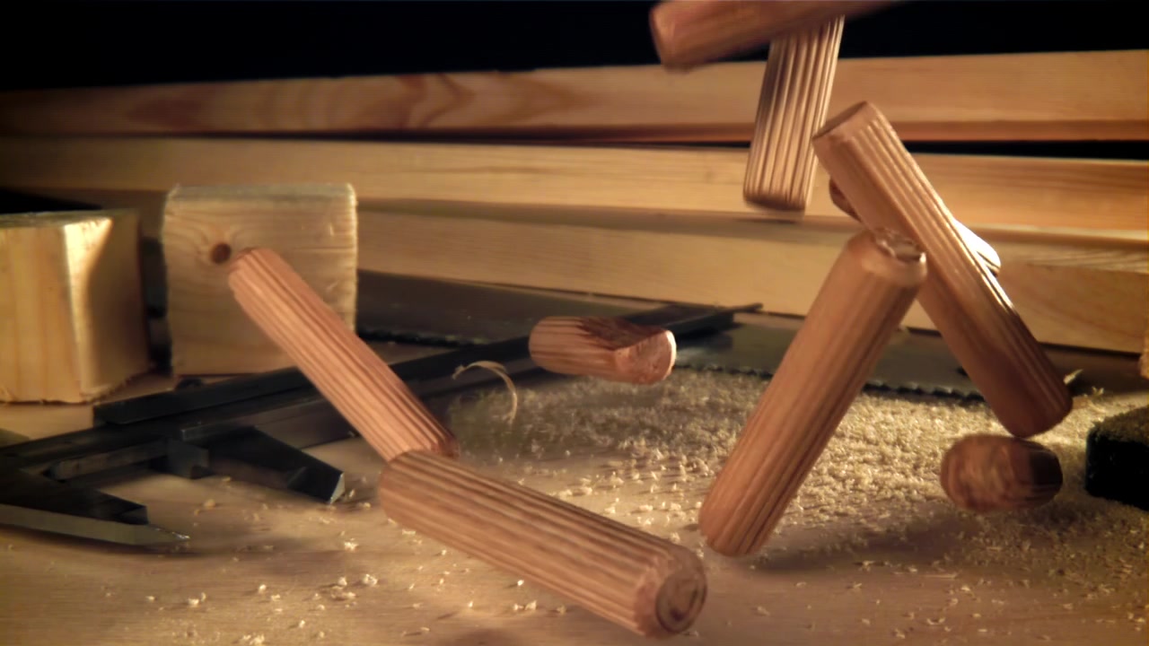 Holzdübel fallen in Zeitlupe auf einen Werkstatttisch