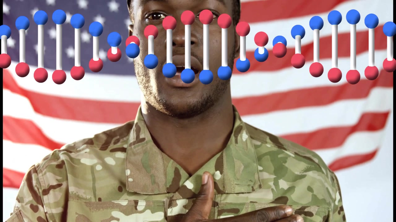 Soldato in uniforme mimetica con animazione di una doppia elica di DNA su sfondo della bandiera americana.