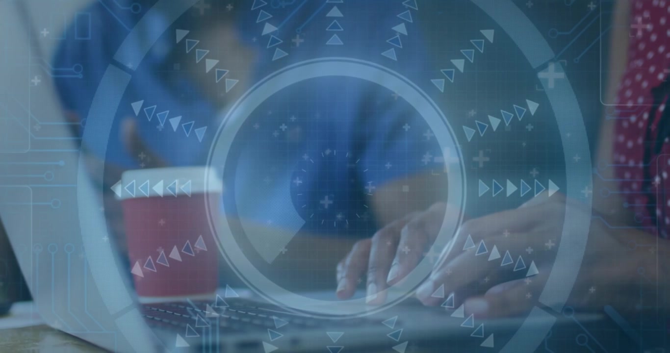 Animation of data processing over diverse business people in office