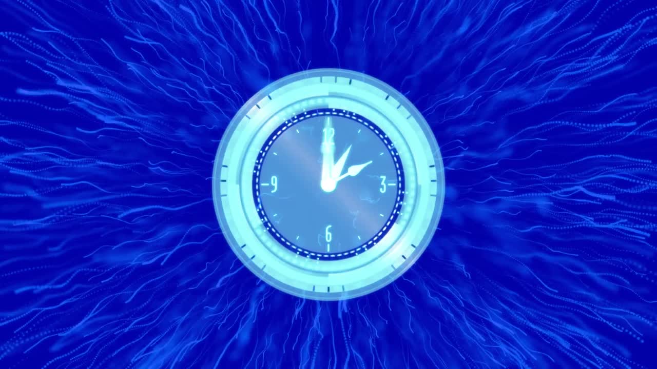 animación de un reloj en movimiento sobre rastros de luz sobre fondo azul