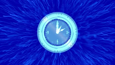 Animation-of-moving-clock-over-light-trails-on-blue-background