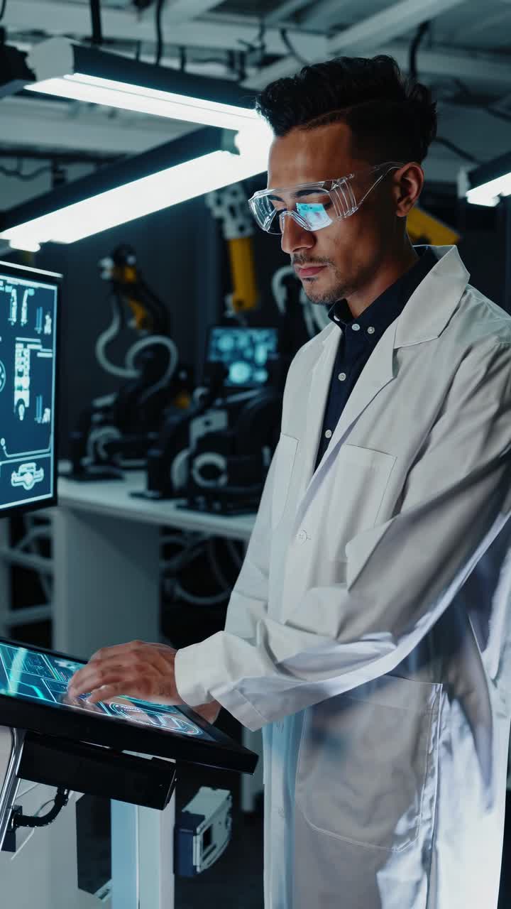 A scientist in a lab coat interacts with a digital screen, viewed from a side angle