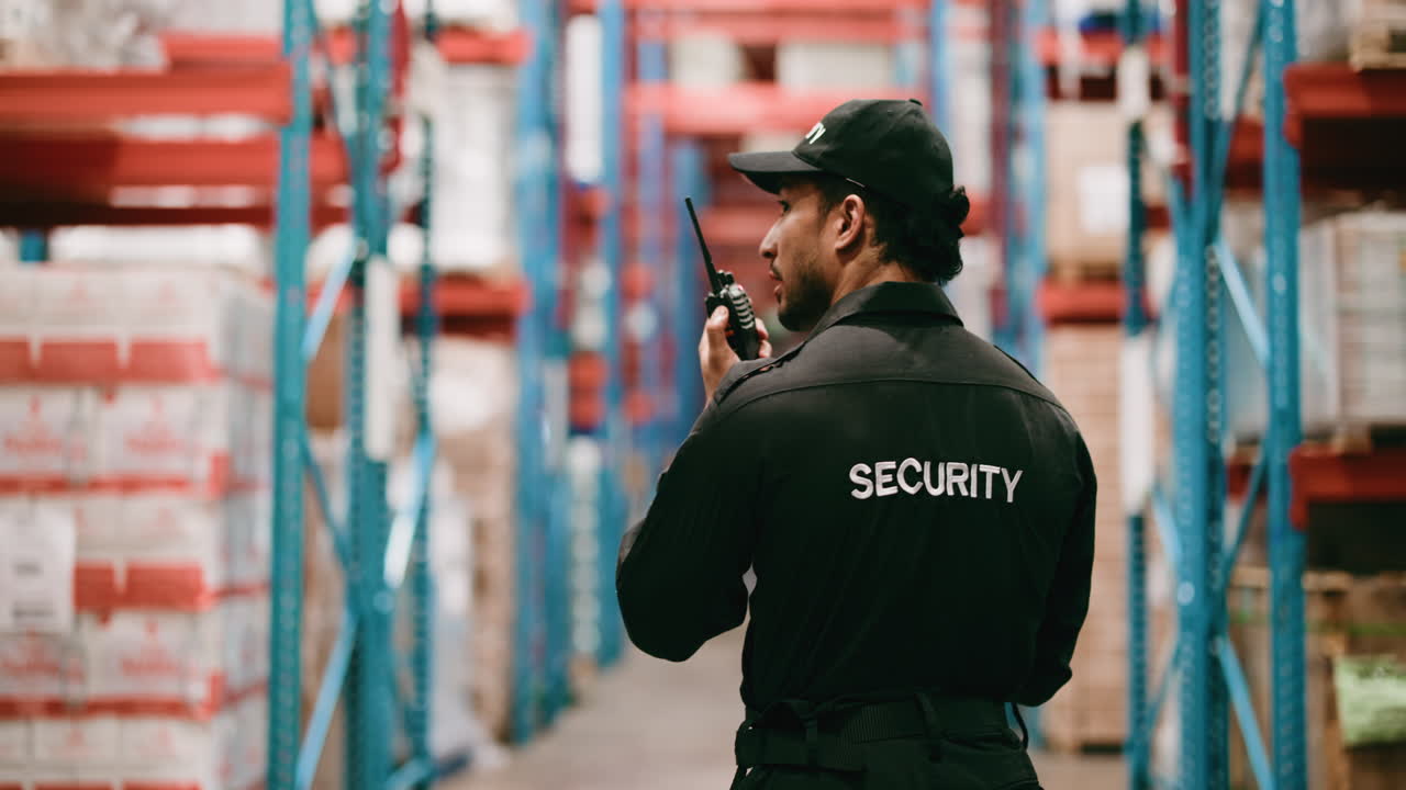 Security Guard Patrolling Warehouse and Using Walkie-Talkie