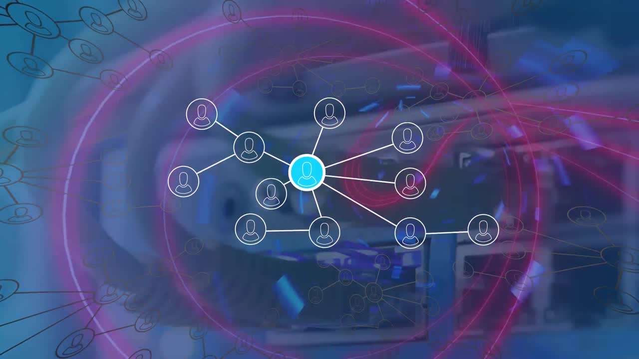 animación de iconos conectados a través de túnel de bucle contra cables conectados al panel trasero del router