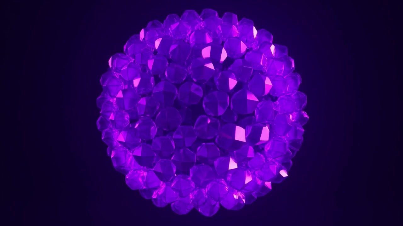 Abstrakt animation af lilla facetslebne ædelstene, der danner en kugle