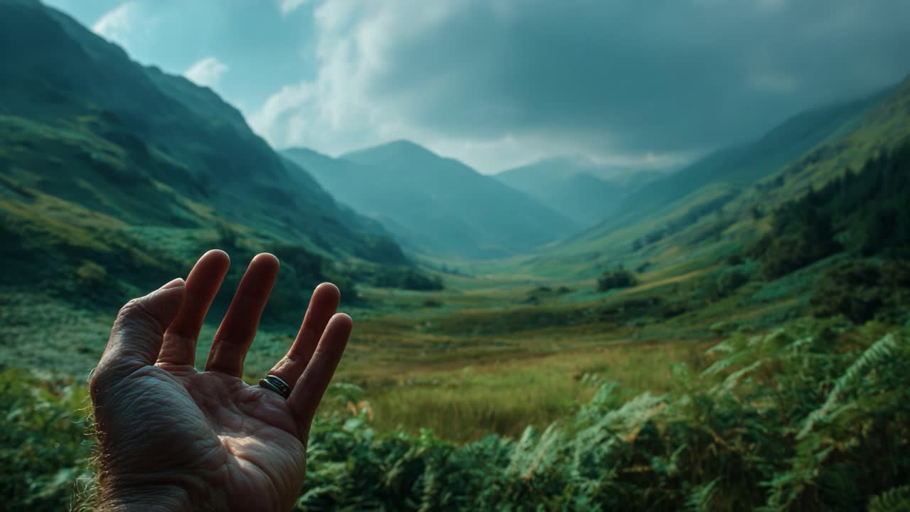 A Serene Hand Reaching Out in a Lush Mountain Valley, Capturing the Beauty of Nature's Expansive Landscape with Rolling Hills and Lush Greenery Under a Cloudy Sky