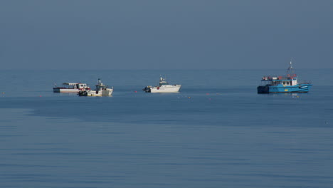 wide shot of motor boats moored at sea at new quay bay