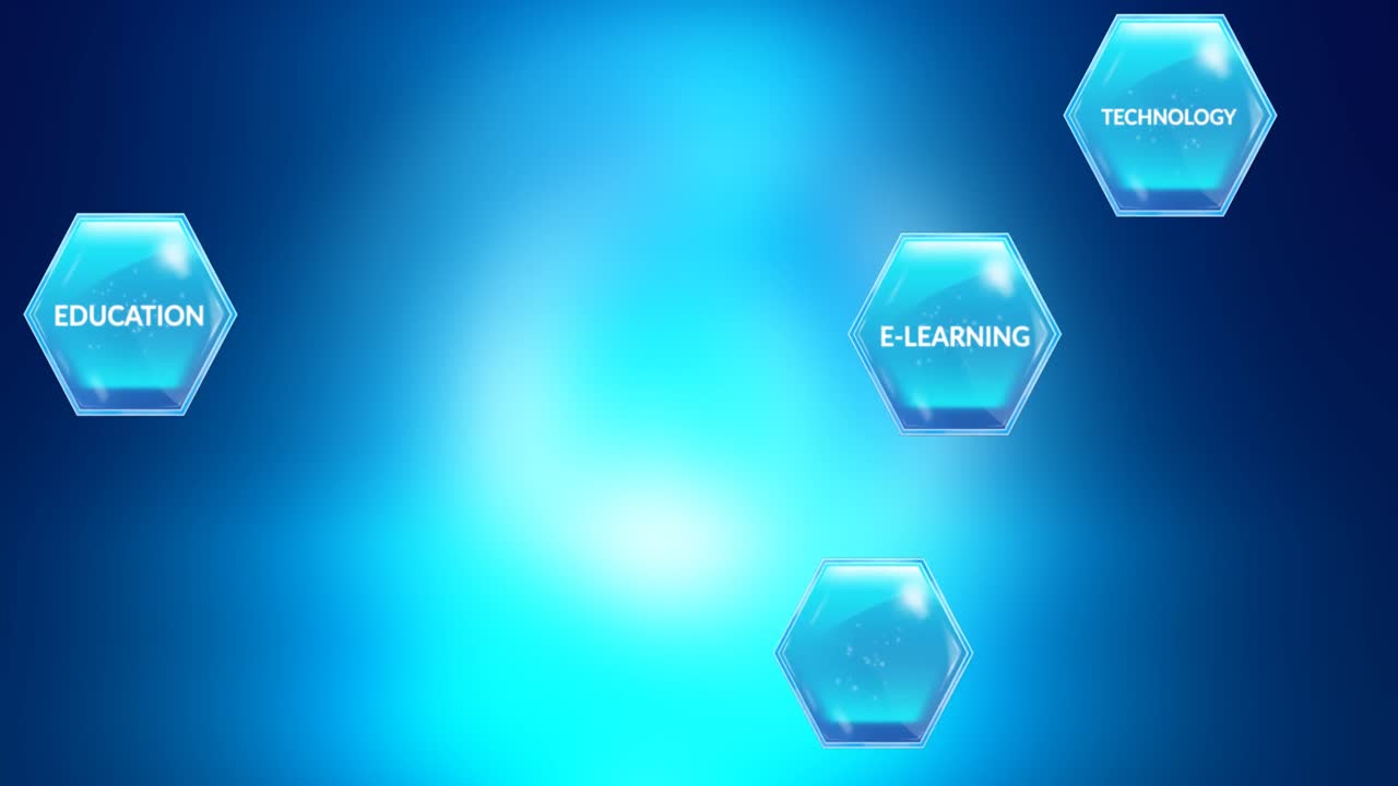 Animation of education and learning blue hexagon icons with text on blue background