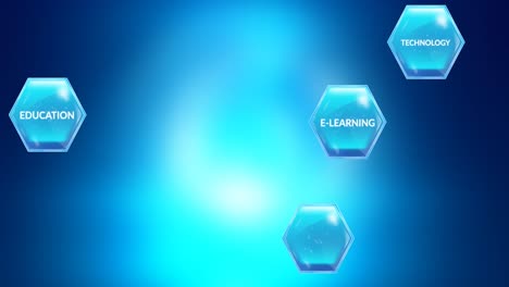 animation of education and learning blue hexagon icons with text on blue background