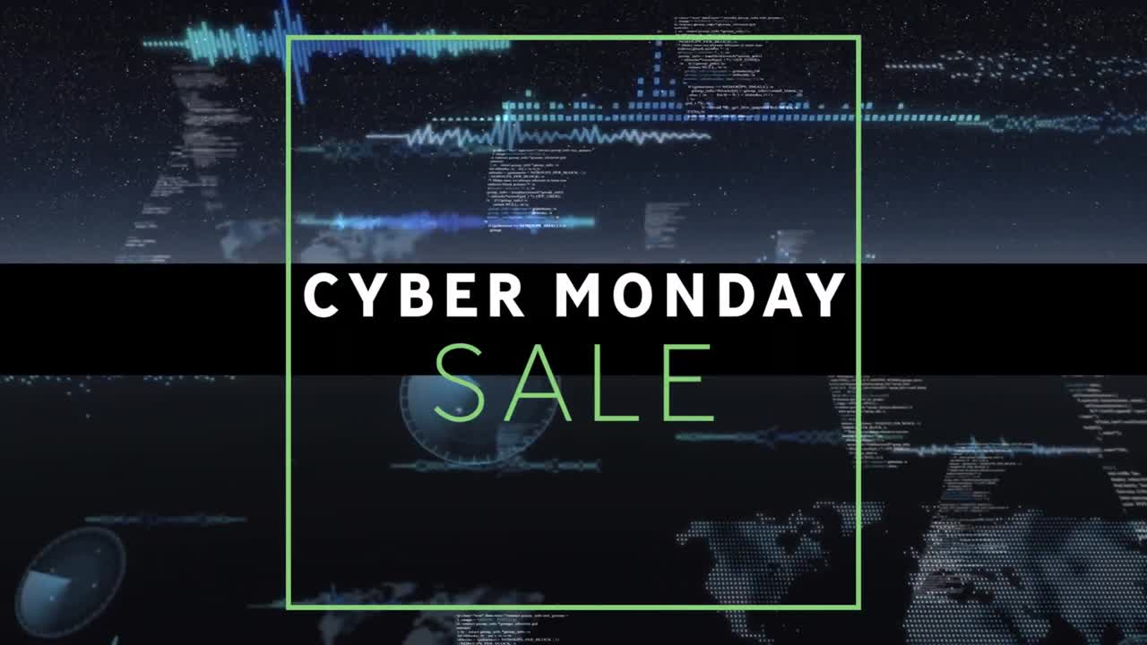 Digital animation of cyber monday text banner against multiple round scanners and data processing