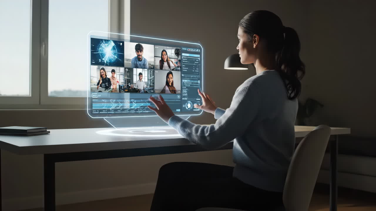 Woman using holographic display for virtual meeting