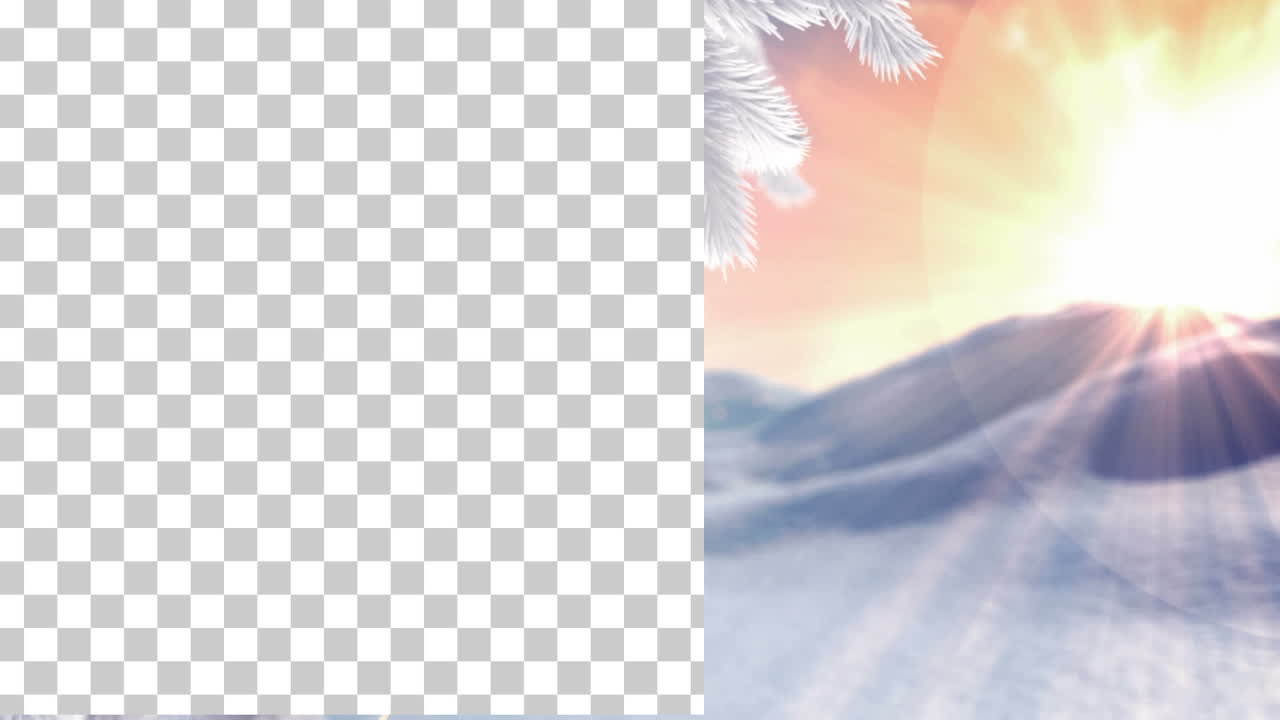 animación de navidad y feliz año nuevo etiqueta, sobre el árbol de navidad y rayos de sol sobre la montaña