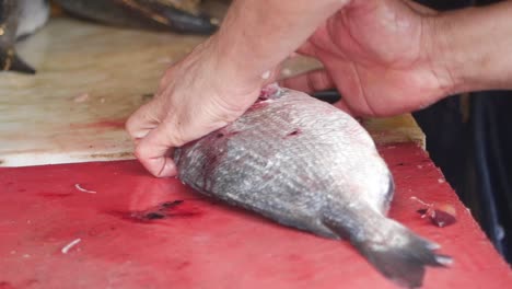 a fishmonger cutting a fish