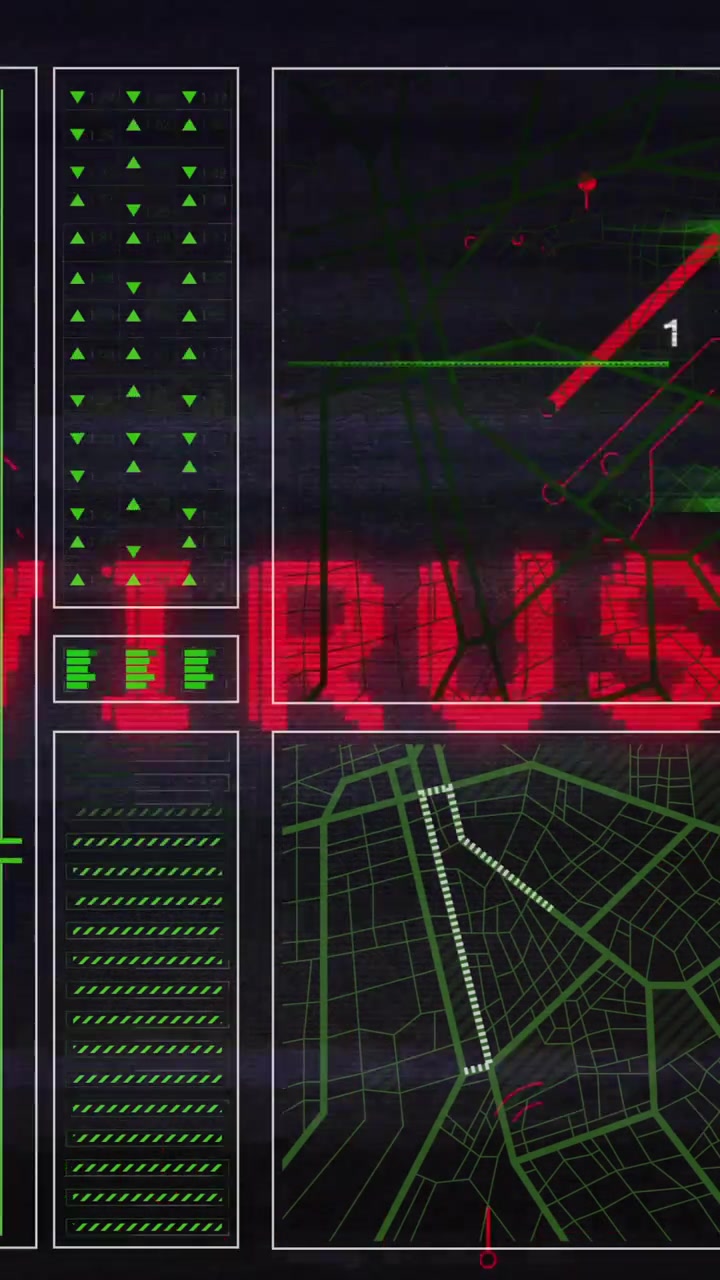 Animazione di testo virus su rete ed elaborazione dati su sfondo nero
