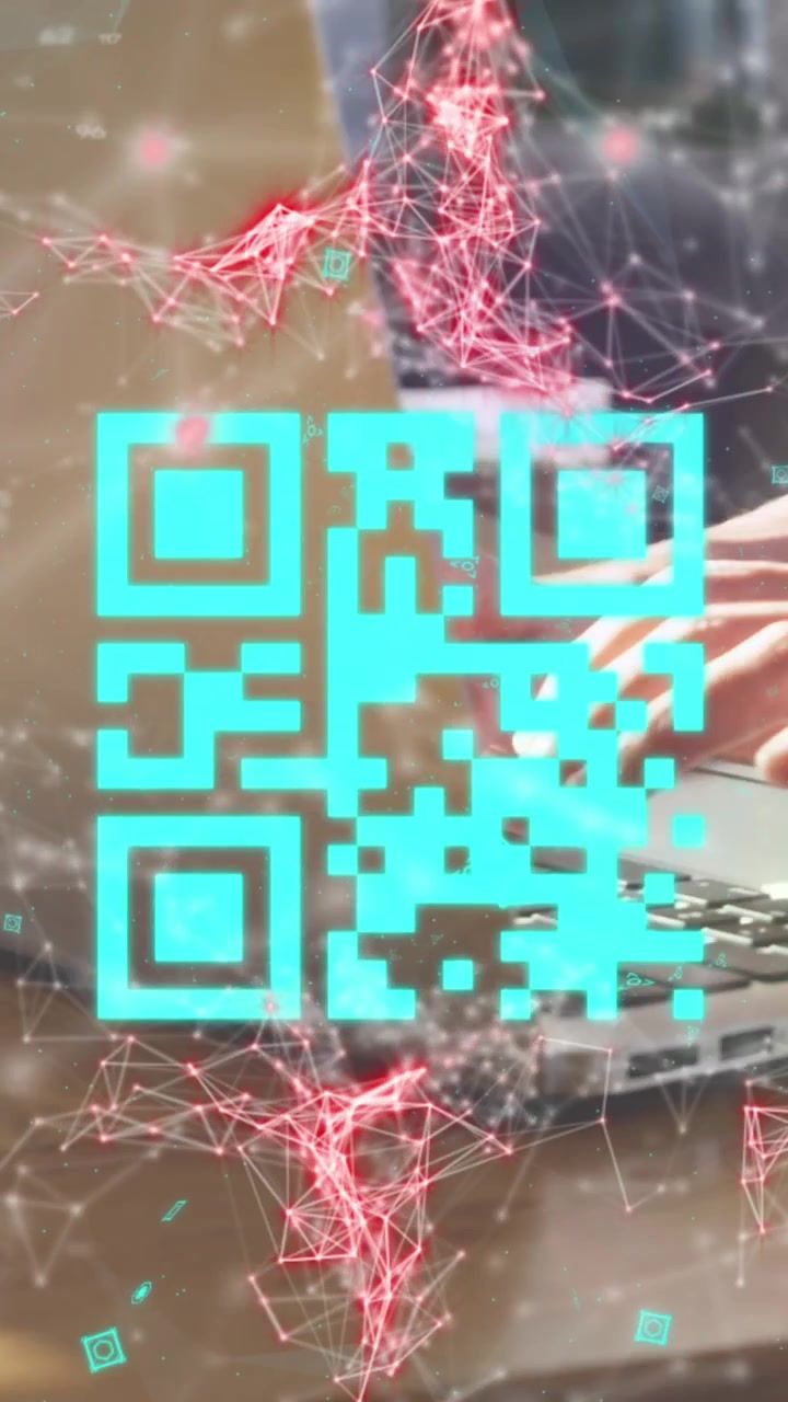 Animation of technology icons and qr code over hands of person using laptop