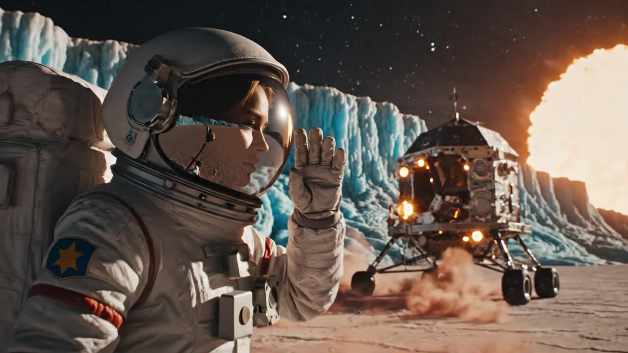 Female Astronaut Explores Icy Alien Planet Landscape