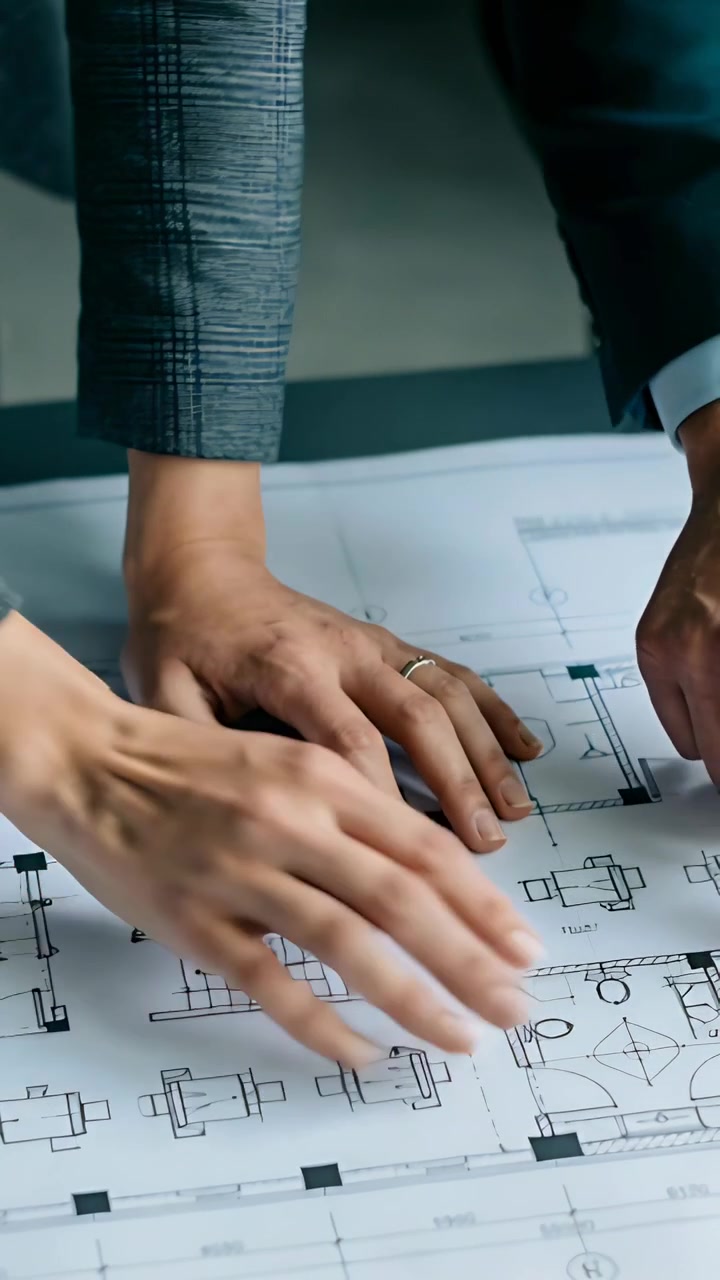 Video vertical: Mano extendida, dos manos apoyadas en la mesa de reuniones revisando el plan, anillo en el puño del blazer.