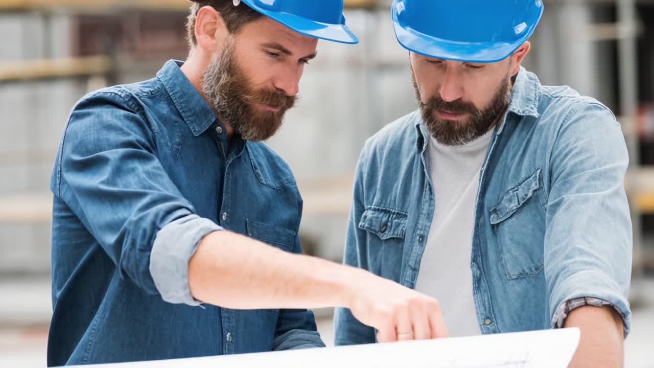 Two Construction Workers Collaborate Over Blueprints, Engaged in Discussion and Planning for a Project in an Industrial Setting with Safety Gear