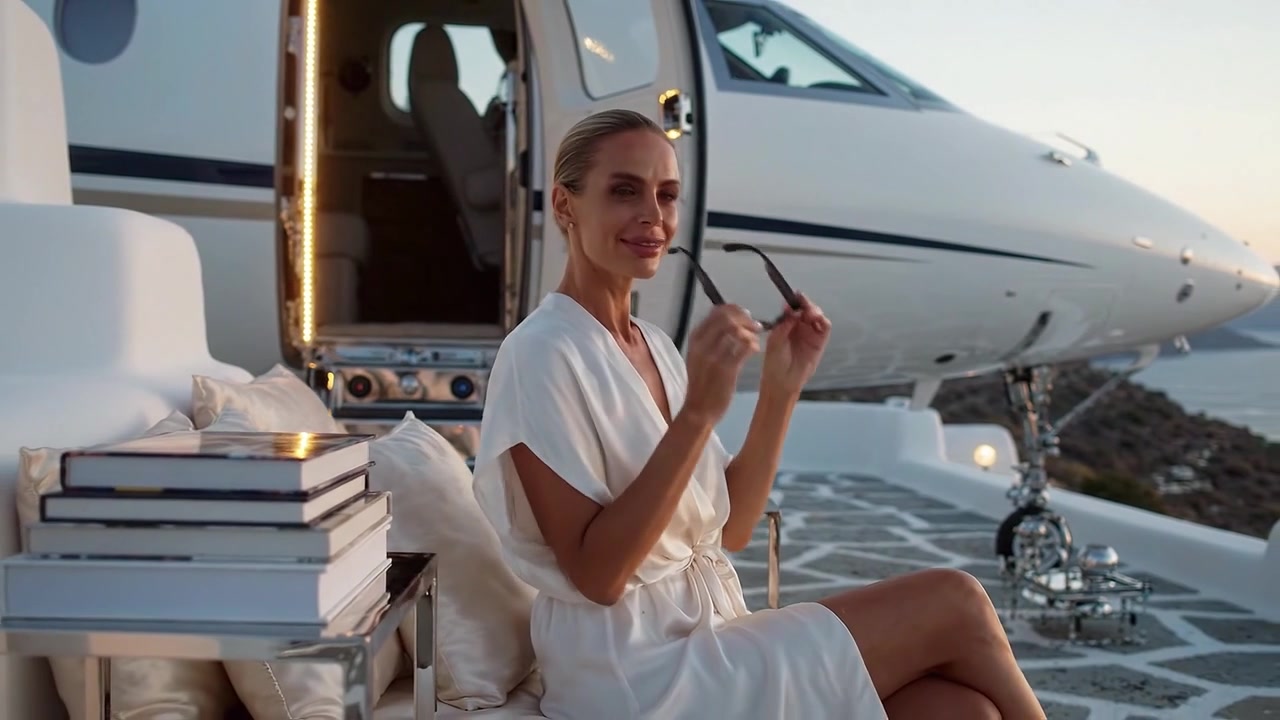 Donna elegante che si rilassa vicino a un lussuoso jet privato al tramonto, mostrando raffinatezza e tempo libero in una splendida cornice esterna con accessori di stile